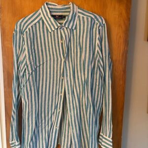 Vineyard Vines Mens Green And White L Linen Button Down Stripe Shirt